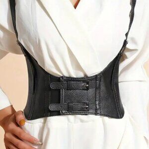 Women's Black Wide Waist Faux Vegan Leather Corset Harness Suspenders Belt
